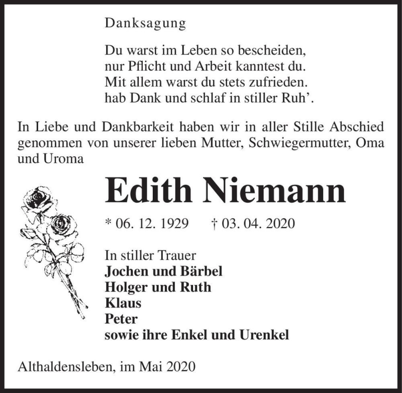  Traueranzeige für Edith Niemann  vom 13.05.2020 aus Magdeburger Volksstimme