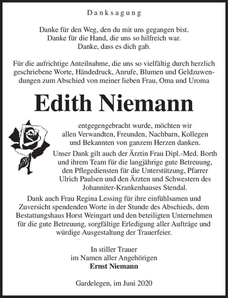  Traueranzeige für Edith Niemann  vom 10.06.2020 aus Magdeburger Volksstimme