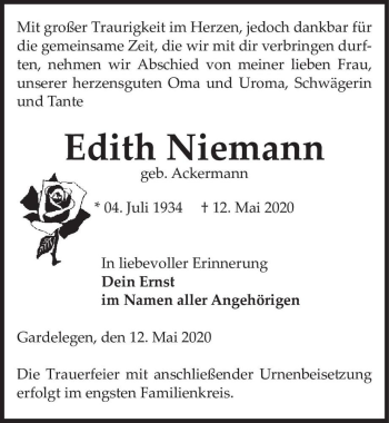 Traueranzeige von Edith Niemann (geb. Ackermann)  von Magdeburger Volksstimme