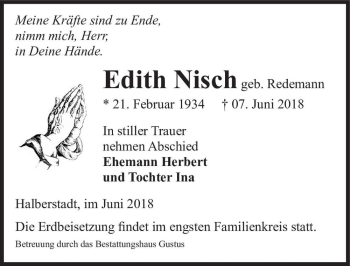 Traueranzeige von Edith Nisch (geb. Redemann)  von Magdeburger Volksstimme
