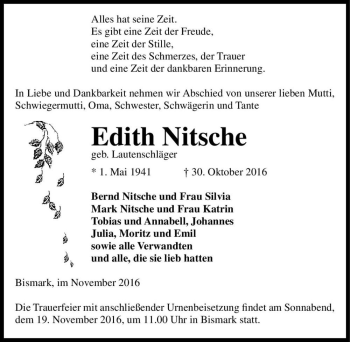 Traueranzeige von Edith Nitsche (geb. Lautenschläger)  von Magdeburger Volksstimme