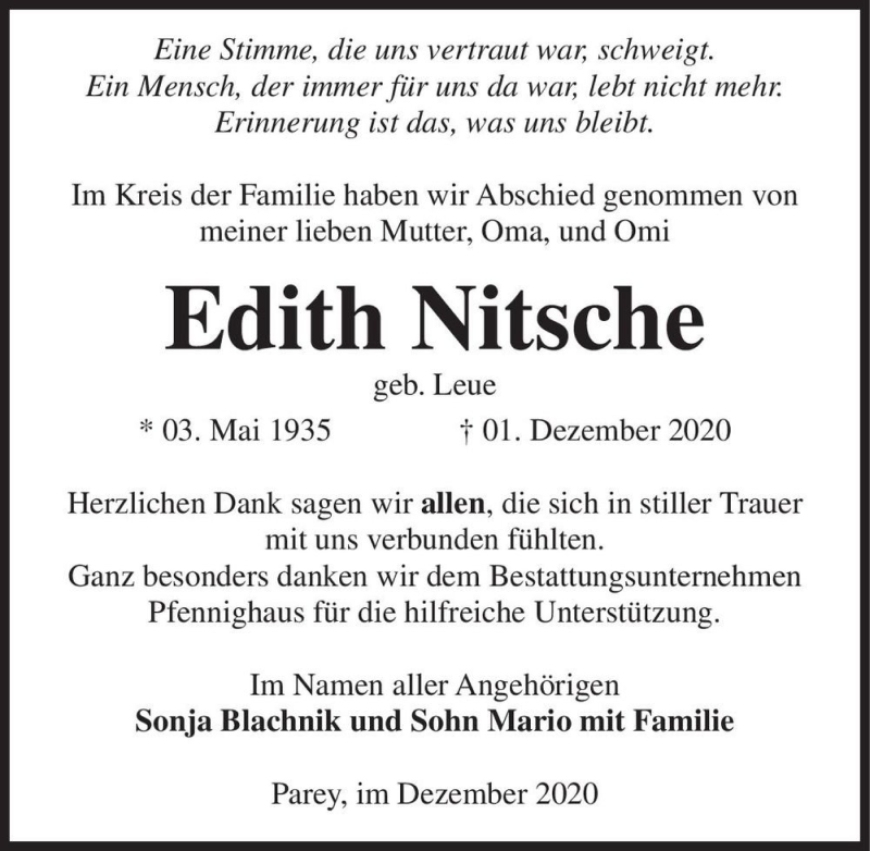  Traueranzeige für Edith Nitsche (geb. Leue)  vom 02.01.2021 aus Magdeburger Volksstimme