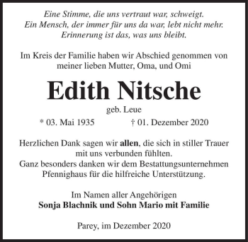 Traueranzeige von Edith Nitsche (geb. Leue)  von Magdeburger Volksstimme