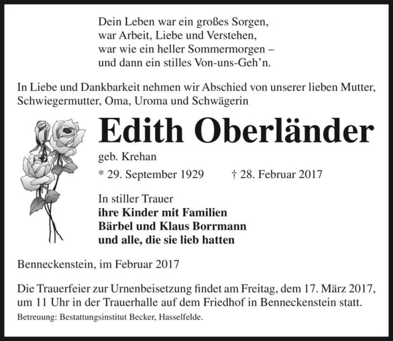  Traueranzeige für Edith Oberländer (geb. Krehan)  vom 10.03.2017 aus Magdeburger Volksstimme