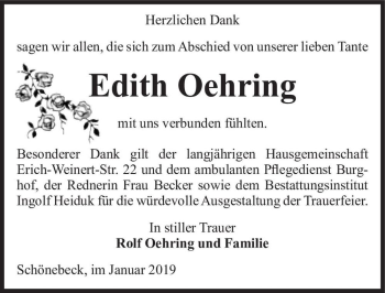 Traueranzeige von Edith Oehring  von Magdeburger Volksstimme