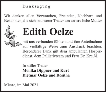 Traueranzeige von Edith Oelze  von Magdeburger Volksstimme