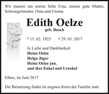 Traueranzeige von Edith Oelze (geb. Busch)  von Magdeburger Volksstimme