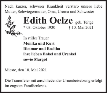 Traueranzeige von Edith Oelze (geb. Teitge)  von Magdeburger Volksstimme