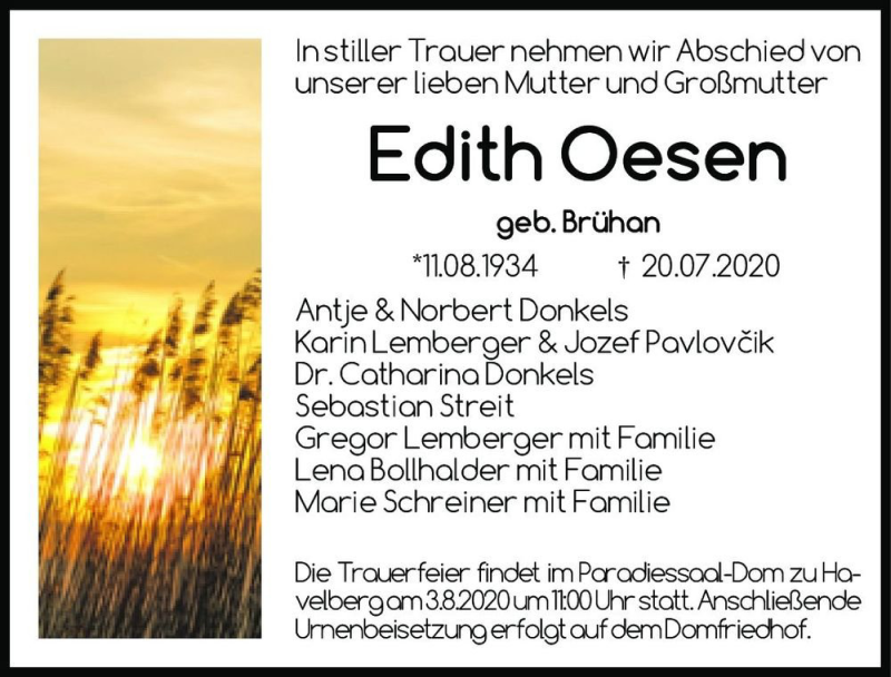  Traueranzeige für Edith Oesen (geb. Brühan)  vom 28.07.2020 aus Magdeburger Volksstimme