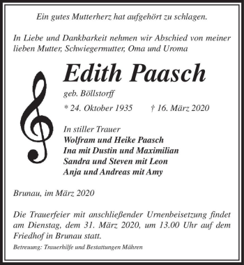Traueranzeige von Edith Paasch (geb. Böllstorff )  von Magdeburger Volksstimme