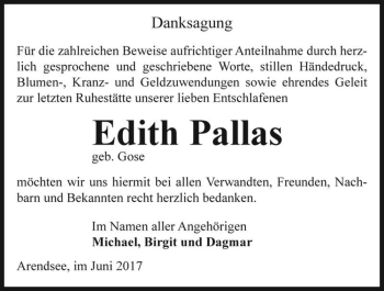 Traueranzeige von Edith Pallas (geb. Gose)  von Magdeburger Volksstimme