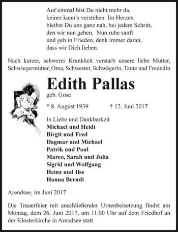 Traueranzeige von Edith Pallas (geb. Gose)  von Magdeburger Volksstimme