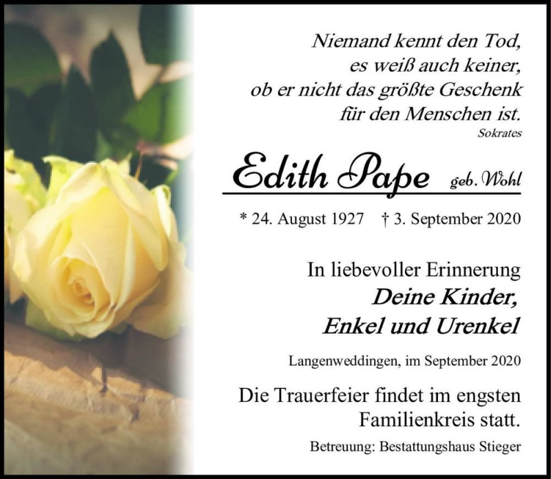  Traueranzeige für Edith Pape (geb. Wohl)  vom 12.09.2020 aus Magdeburger Volksstimme
