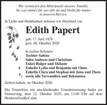 Traueranzeige von Edith Papert  von Magdeburger Volksstimme