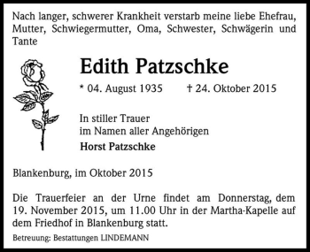 Traueranzeige von Edith Patzschke  von Magdeburger Volksstimme