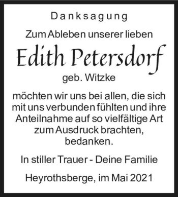 Traueranzeige von Edith Petersdorf (geb. Witzke)  von Magdeburger Volksstimme