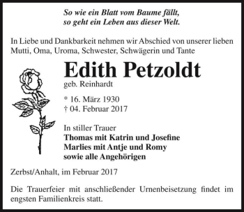 Traueranzeige von Edith Petzoldt (geb. Reinhardt)  von Magdeburger Volksstimme