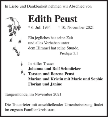 Traueranzeige von Edith Peust  von Magdeburger Volksstimme