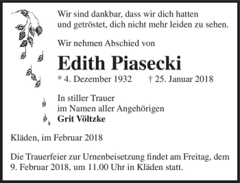 Traueranzeige von Edith Piasecki  von Magdeburger Volksstimme