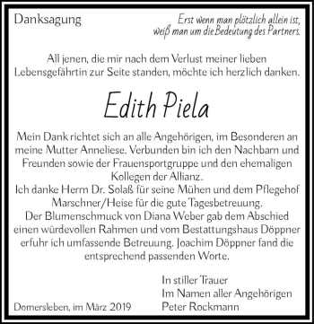 Traueranzeige von Edith Piela  von Magdeburger Volksstimme