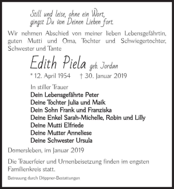 Traueranzeige von Edith Piela (geb. Jordan)  von Magdeburger Volksstimme