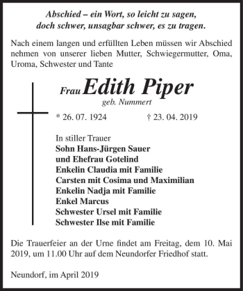 Traueranzeige von Edith Pieper (geb. Nummert)  von Magdeburger Volksstimme