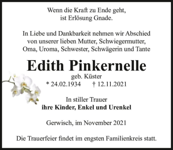 Traueranzeige von Edith Pinkernelle (geb. Küster)  von Magdeburger Volksstimme