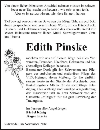 Traueranzeige von Edith Pinske  von Magdeburger Volksstimme