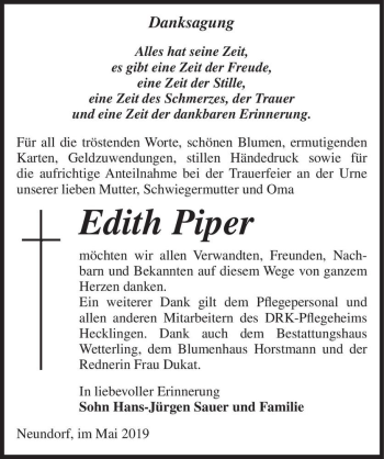 Traueranzeige von Edith Piper  von Magdeburger Volksstimme