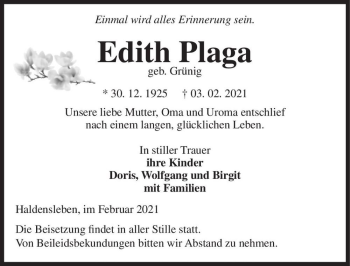 Traueranzeige von Edith Plaga (geb. Grünig)  von Magdeburger Volksstimme