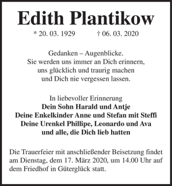 Traueranzeige von Edith Plantikow  von Magdeburger Volksstimme