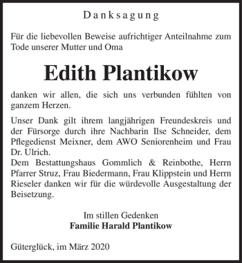 Traueranzeige von Edith Plantikow  von Magdeburger Volksstimme