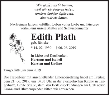 Traueranzeige von Edith Plath (geb. Jänicke)  von Magdeburger Volksstimme