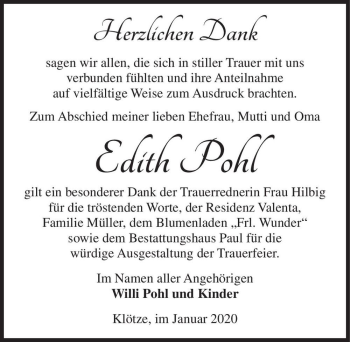 Traueranzeige von Edith Pohl  von Magdeburger Volksstimme