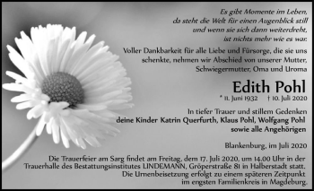 Traueranzeige von Edith Pohl  von Magdeburger Volksstimme