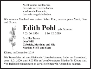 Traueranzeige von Edith Pohl (geb. Schwarz)  von Magdeburger Volksstimme