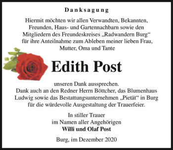 Traueranzeige von Edith Post  von Magdeburger Volksstimme