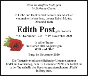 Traueranzeige von Edith Post (geb. Robotta)  von Magdeburger Volksstimme