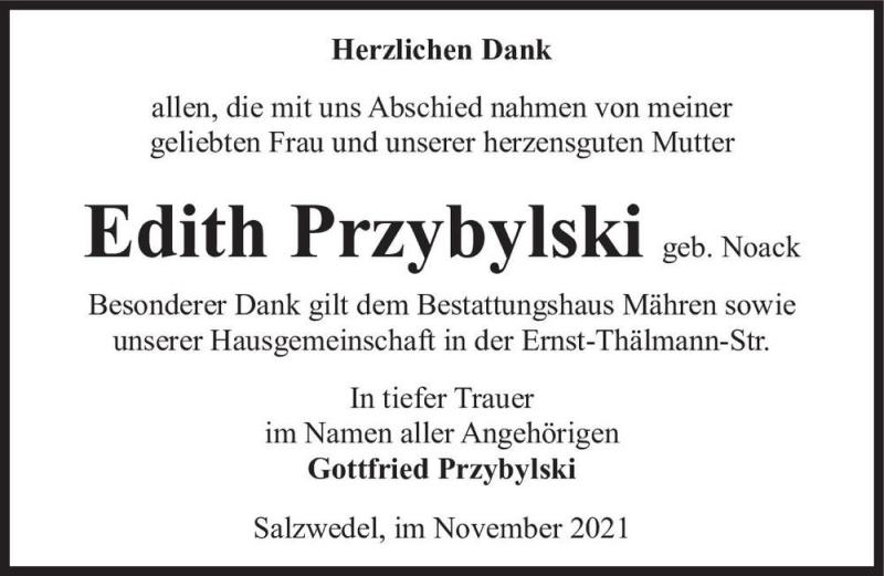  Traueranzeige für Edith Przybylski (geb. Noack)  vom 19.11.2021 aus Magdeburger Volksstimme