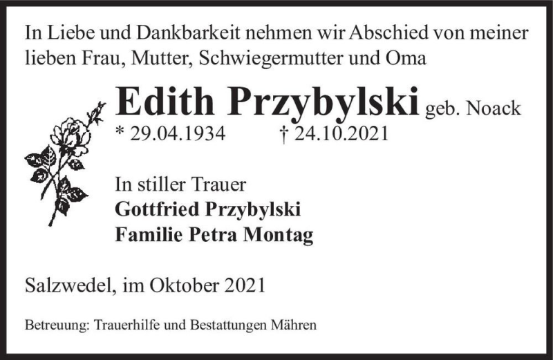  Traueranzeige für Edith Przybylski (geb. Noack)  vom 26.10.2021 aus Magdeburger Volksstimme