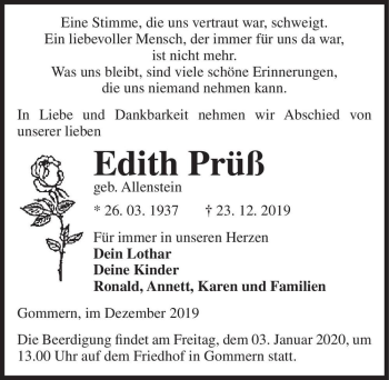Traueranzeige von Edith Prüß (geb. Allenstein)  von Magdeburger Volksstimme