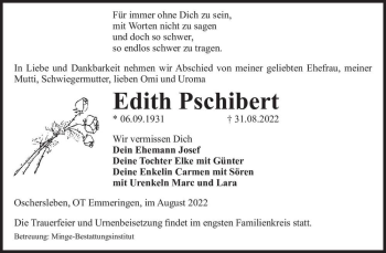 Traueranzeige von Edith Pschibert  von Magdeburger Volksstimme
