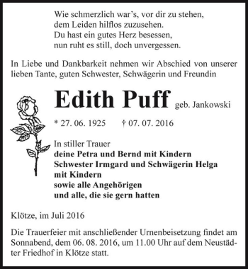 Traueranzeige von Edith Puff (geb. Jankowski)  von Magdeburger Volksstimme
