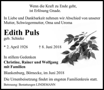 Traueranzeige von Edith Puls (geb. Schieke)  von Magdeburger Volksstimme