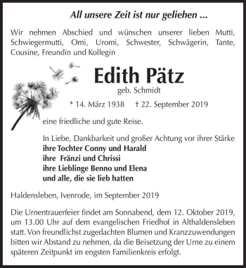 Traueranzeige von Edith Pätz (geb. Schmidt)  von Magdeburger Volksstimme