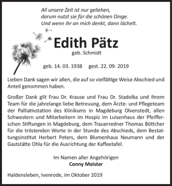 Traueranzeige von Edith Pätz (geb. Schmidt)  von Magdeburger Volksstimme