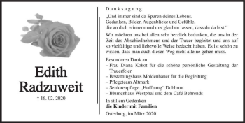 Traueranzeige von Edith Radzuweit  von Magdeburger Volksstimme