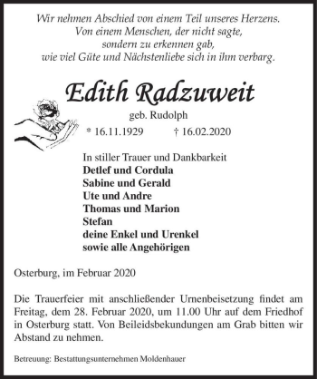 Traueranzeige von Edith Radzuweit (geb. Rudolph)  von Magdeburger Volksstimme