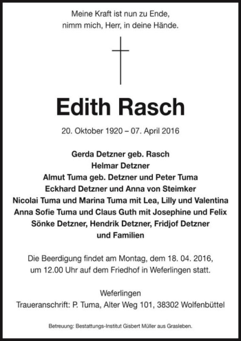 Traueranzeige von Edith Rasch  von Magdeburger Volksstimme