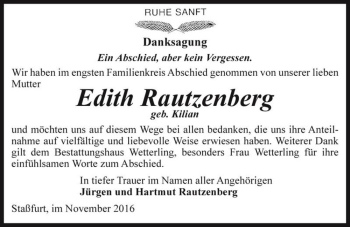 Traueranzeige von Edith Rautzenberg (geb. Kilian)  von Magdeburger Volksstimme